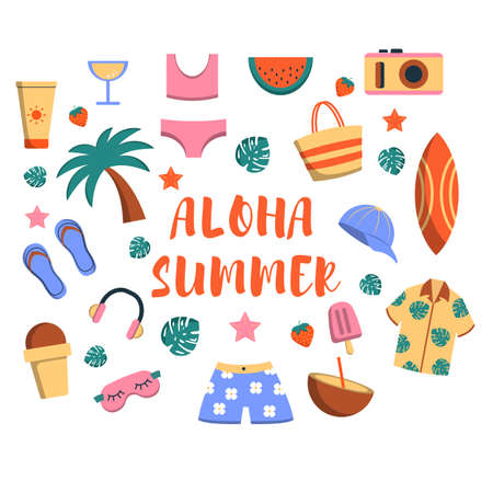 Vector summer set with travel accessories. Summer icon pack. Vector illustration in flat styleのイラスト素材