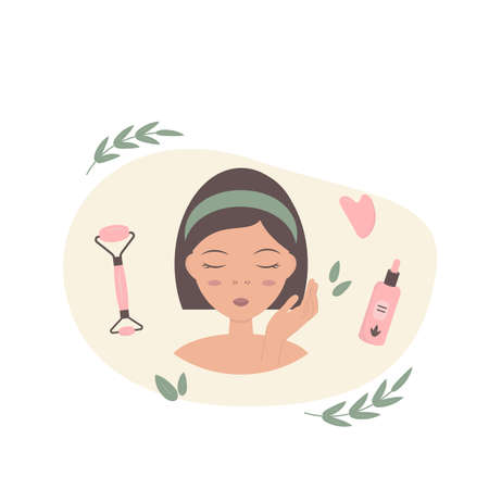 Skin care concept. Young woman doing facial massage with gua sha, skin roller and serum.のイラスト素材