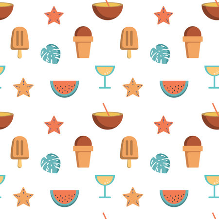Colorful summer seamless pattern with ice cream, coconut drink, coctail, monstera leaf, watermelon and starfish.のイラスト素材