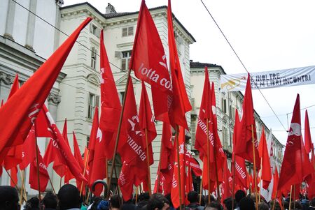 Turin, Italy - 1 May 2010: demonstration for Labor Day red flags and banners