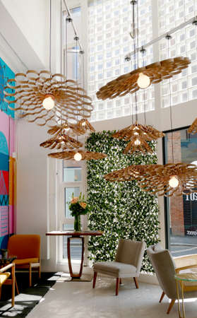 room interiors decorated with flowered chandeliersのeditorial素材