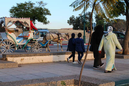MEKNES.MOROCCOMeknes Boulevard where women and children walk and a beautiful carriage rides with a horseのeditorial素材
