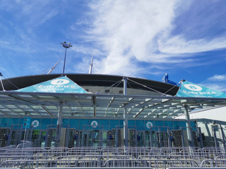 Entrances to the Gazprom Arena stadium in St. Petersburg on the morning of the match day of the EURO 2020 European Football Championship against a blue sky with clouds.のeditorial素材