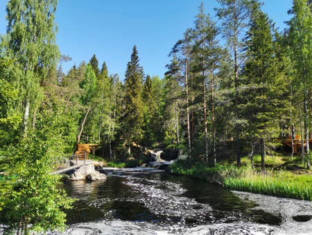 A picturesque waterfall on the Tokhmayoki River in Karelia surrounded by trees on a clear summer morning.の写真素材