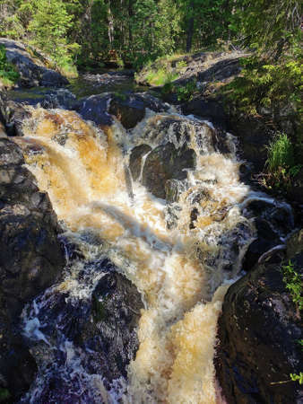 A picturesque waterfall on the Tokhmayoki River in Karelia surrounded by trees on a clear summer morning.の写真素材