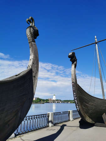 Viking boats on the embankment of the Salakka - Lahti Bay, left after the filming of the film in the...