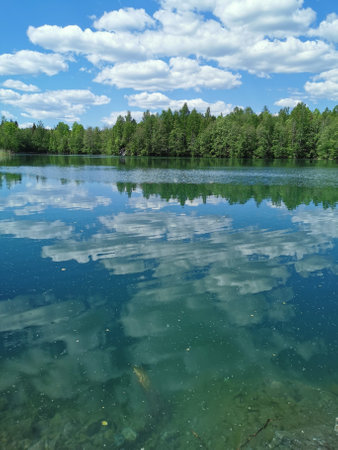 The shore of the lake is bright with clear water, in which you can see the marble on the bottom and...