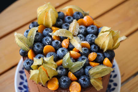 Decoration of chocolate cake made of fizalis petals, large blueberries and cut fizalis, sprinkled with powdered sugar.の写真素材