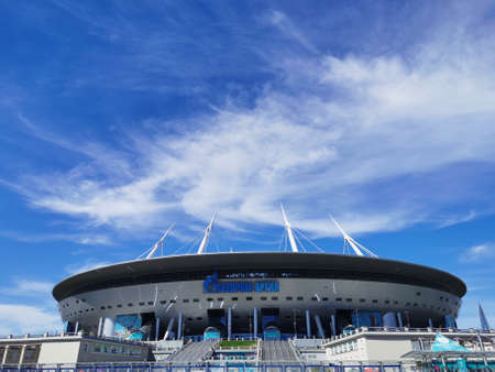 Gazprom Arena stadium in St. Petersburg in the morning on the day of the match in the framework of the European Football Championship EURO 2020 against the backgroのeditorial素材