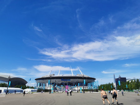 The road to the Gazprom Arena stadium in St. Petersburg in the morning on the day of the match in the framework of the European Football Championship EURO 2020 against the background of a blue sky witのeditorial素材