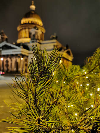 Pine branches decorated with garlands for Christmas and New Years, behind which is St. Isaac's Cathedral in St. Petersburg on an early winter morning.の写真素材