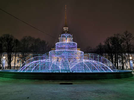 A fountain of garlands, cut for Christmas and New Years opposite the Admiralty on an early winter morning in St. Petersburg.の写真素材
