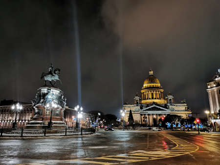 Saint Petersburg. Russia. Monument to Emperor Nicholas 1 Emperor, surrounded by an old fence and beautiful lanterns and St. Isaac's Cathedralのeditorial素材