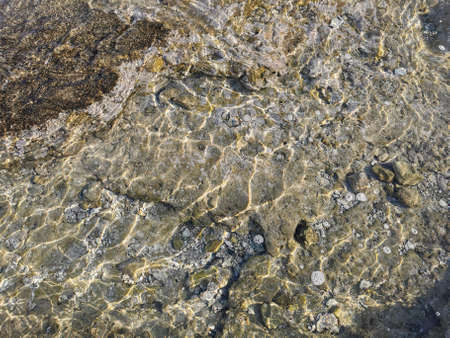 Protaras. Famagusta area. Cyprus. The coast of the Mediterranean Sea, clear water with reflections of the sun's rays, through which you can see the stone bottom. background.の写真素材