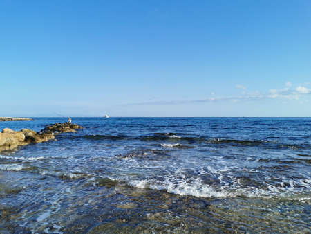 Protaras. Cyprus. Pier, port with small ships, yachts and boats in the bay of the Mediterranean Sea...