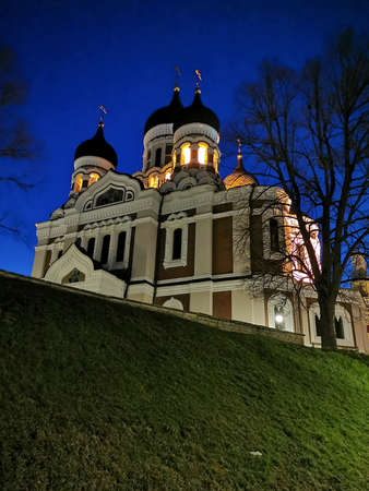 Cathedral of the Holy Prince Alexander Nevsky, an Orthodox church in the Old Town area in Tallinn, on a warm clear evening against a blue cloudless sky.の写真素材
