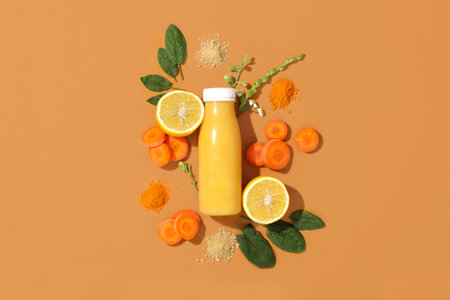 Bottle of fresh smoothie with carrot, vitamin c lemon, spinach, ginger and turmeric. Concept healthy eating, snack to go, breakfast. Flatlayの写真素材