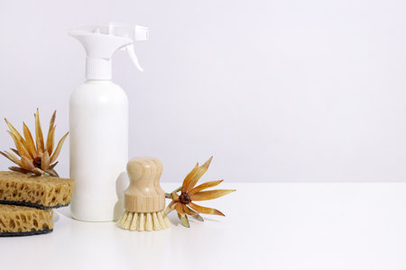 Zero waste cleaning product and dish washing brush, sponge on white background. Concept Eco-friendly, natural laundry, copyspace.の写真素材
