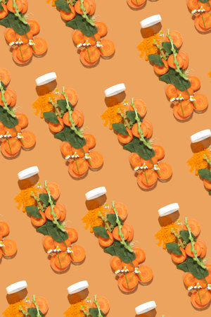 Bottle imitation of fresh smoothie from carrot, spinach, ginger and turmeric. Concept healthy vitamin eating, raw, snack to go, breakfast. Flatlay, pattern.の写真素材