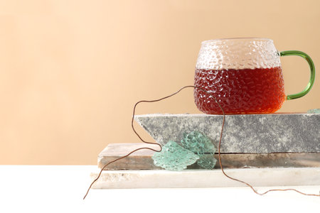 cup of healthy tea. Concept modern dishes, tempered glass, Asian style, east, ceremony, tradition, ritual. Copyspace.の写真素材