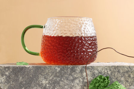 cup of healthy tea. Concept modern dishes, tempered glass, Asian style, east, ceremony, tradition, ritual, close upの写真素材