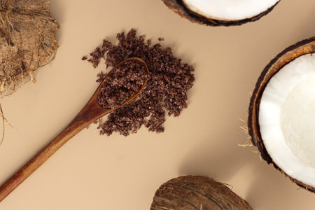 Home made texture scrub with cinnamon coffee coconut on brown background. spa and home care concept, beauty proceduresの写真素材