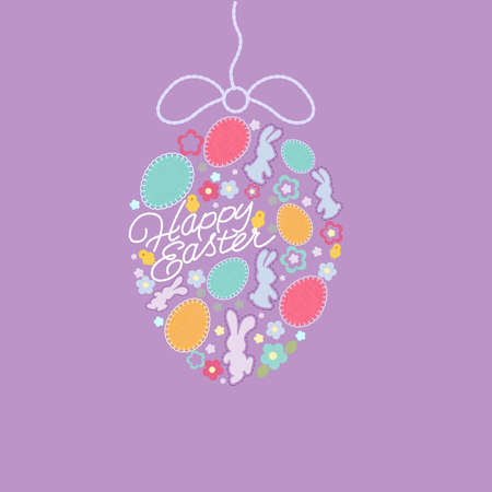 Printed colored eggs with Bunny and Happy Easter text.のイラスト素材