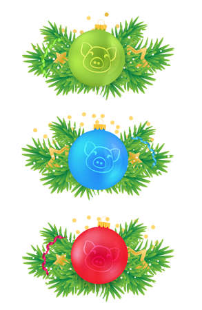 Print christmas tree branches ball on whiteの写真素材