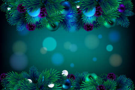 Christmas tree branches frame with cones on a green backgroundのイラスト素材