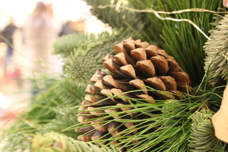 Christmas background with fir branches, balls and cones.の写真素材