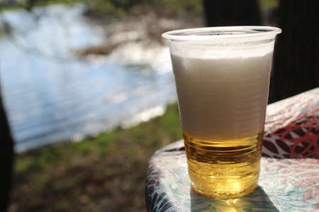 plastic cup with fresh beer on a picnicの写真素材