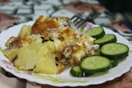 French fries on a plate, a meal of potatoes, meat, onions, cheese and mayonnaiseの写真素材