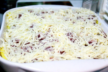 grated cheese in a dish of meat in Frenchの写真素材