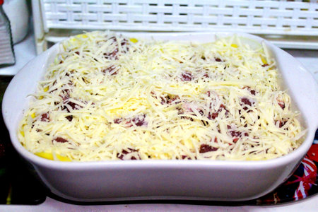 grated cheese in a dish of meat in Frenchの写真素材