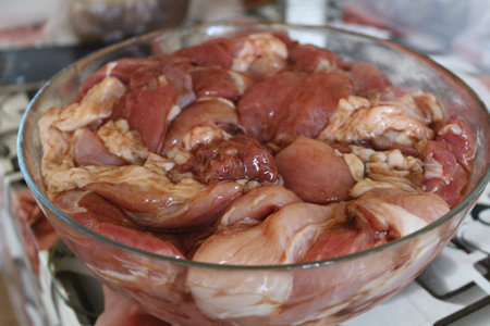 fresh pickled pork meat in the kitchenの写真素材