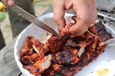 delicious pork ribs on the table during a picnicの写真素材