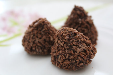 close-up of chocolate truffles on a plateの写真素材