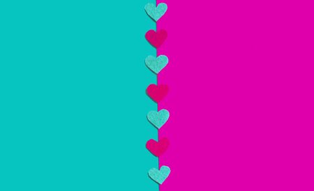 Colorful backgrouns. Copy space. Place for text and design. Top view. Flat lay. Felt hearts. Hand made decor. Holidays time.の写真素材
