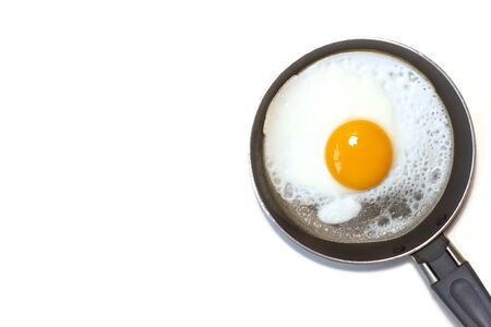 One fried egg on the little pan. White background. Copy space. Place for text and design. Top view. Flat lay.の写真素材