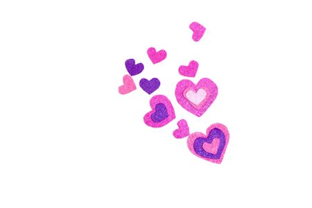 White background. Red, pink, vilolet felt hearts. Copy space. Place for text and design. Valentine's card.の写真素材