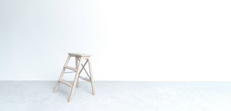 Wooden staircase and stool. A room in the photo studio. White wall. Grey floor. Copy space. Place...