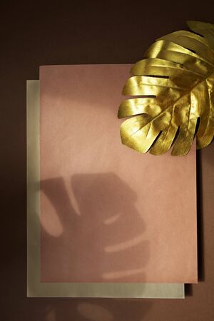 Brown background with two sheets of paper. One gold monstera leaf and the monstera shadow. Copy space. Place for text and design. Flat layout.の写真素材