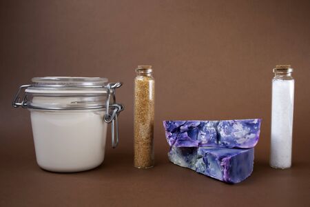 Natural cosmetics on the brown backgroundの写真素材