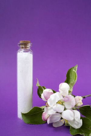 Bathroom salt on the purple background. Apple blossoms. Natural cosmetics. Small business. Copy space. Glass jarの写真素材