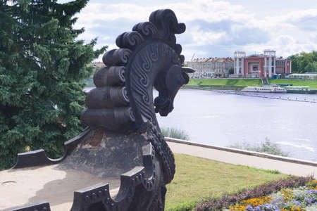 TVER - AUG 26:  View from a round cast-iron site in the form of a boat with a horses head (part of the monument Afanasy Nikitin) and Zvezda Cinema on August 26, Tver, Russiaのeditorial素材