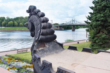 TVER - AUG 26  Horses head  part of the monument Afanasy Nikitin  and Starovolgskiy bridge, Tver, Russiaのeditorial素材