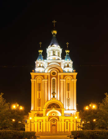 Grado-Khabarovsk Assumption Cathedral (Cathedral of the Dormition of the Mother of God) at night, Khabarovsk, Russiaの写真素材