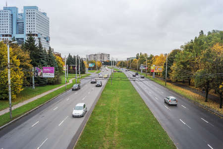 KALININGRAD, RUSSIA - OCTOBER 15, 2014: Moskovsky Prospekt, the view from the elevated bridge. Prospect - one of the main arteries of the cityのeditorial素材