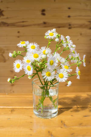 A small bouquet of white flowers standing on the window sill of a country house