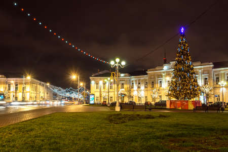 TVER, RUSSIA - DECEMBER 23, 2015: Christmas tree on the square of Lenin and Soviet street at nightのeditorial素材